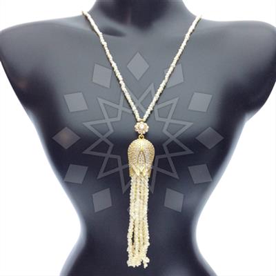 Long Turkish Artisan Tassel Necklace - Pearl & Multi / Moonstone Center main image 1