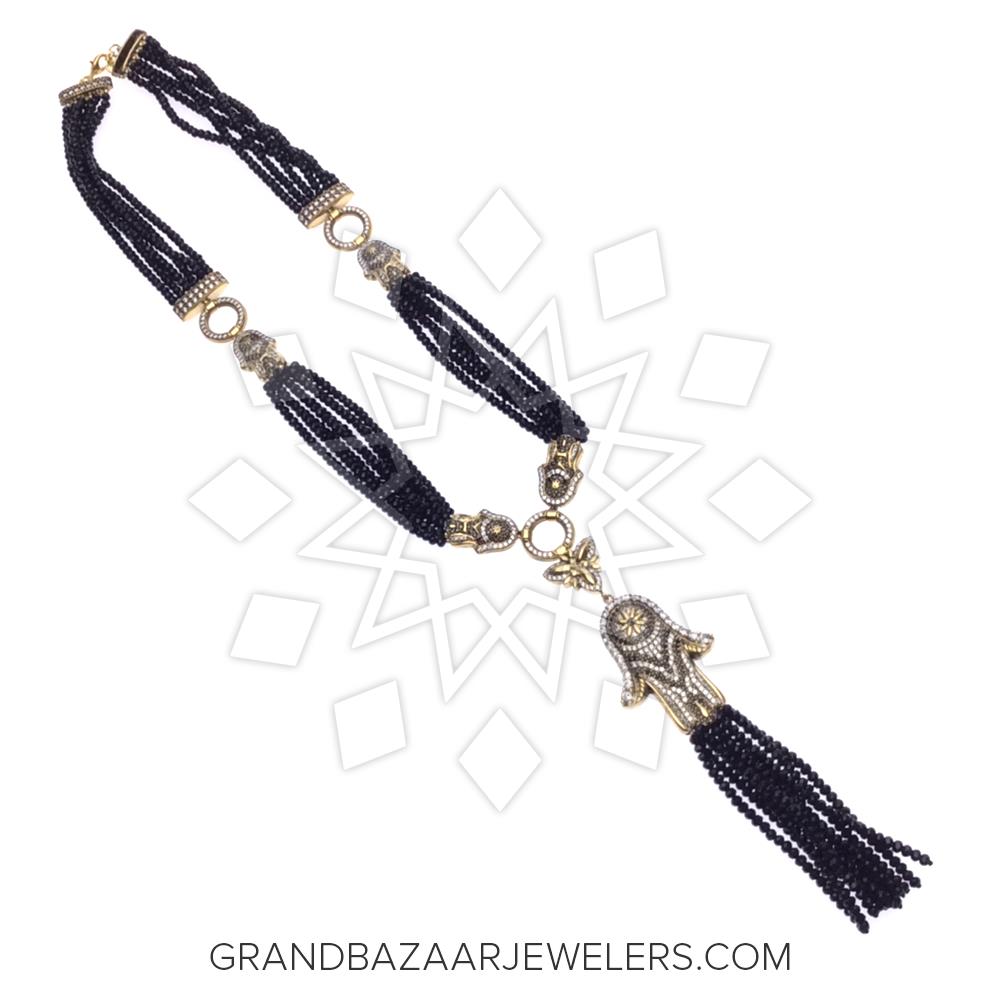 Long Turkish Artisan Tassel Necklace - Pearl & Multi / Moonstone Center