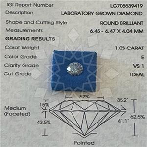 1.00 Carat VS1 E Color Lab Grown IGI Certified Ideal Cut Round Diamond