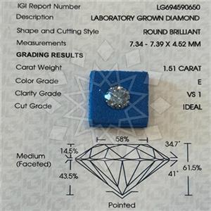 1.50 Carat VS1 E Color Lab Grown IGI Certified Ideal Cut Round Diamond
