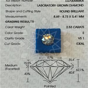 2.50 Carat VS1 E Color Lab Grown IGI Certified Ideal Cut Round Diamond
