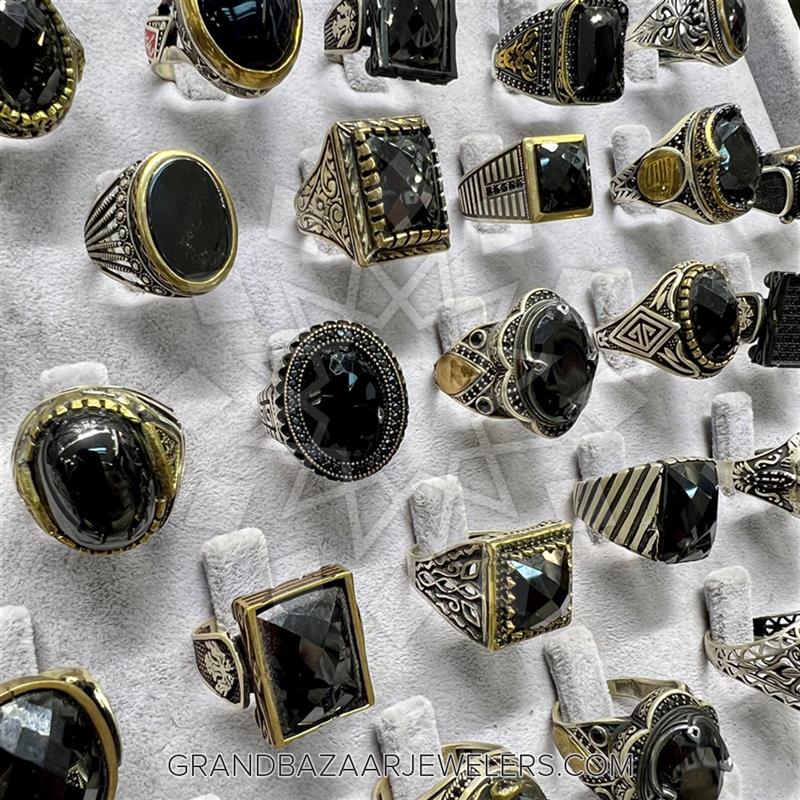 25 Piece Turkish Silver Mens Rings Black Gems Package