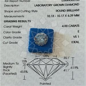 4.00 Carat VS1 E Color Lab Grown IGI Certified Ideal Cut Round Diamond