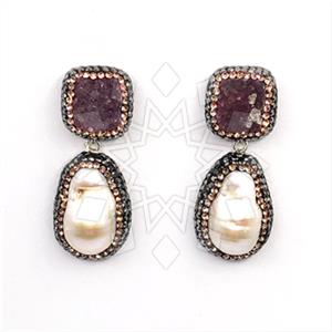 925 Sterling Silver Semi Precious Gems and Crystal  Double Drop Earrings