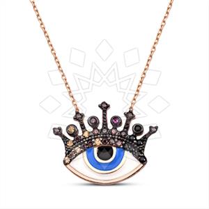 925 Sterling Silver Evil Eye Princess and Crown Pendant Necklace