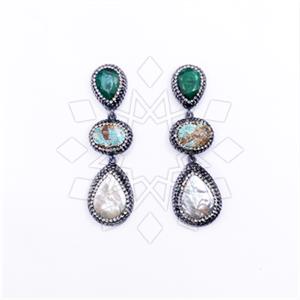 925 Sterling Silver Gem and Crystals Triple Drop Earrings