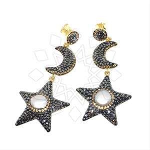 925 Sterling Silver Moon and Star Double Drop Earrings