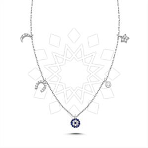 925 Sterling Silver Moon and Stars Evil Eye Horseshoe Pendant Necklace