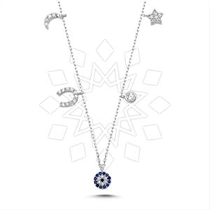 925 Sterling Silver Moon and Stars Geometric Horseshoe Pendant Necklace