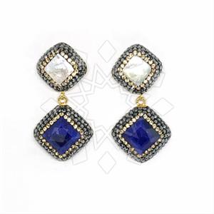 925 Sterling Silver Semi Precious Gems and Crystal  Double Drop Earrings