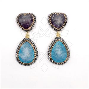 925 Sterling Silver Semi Precious Gems and Crystal  Double Drop Earrings