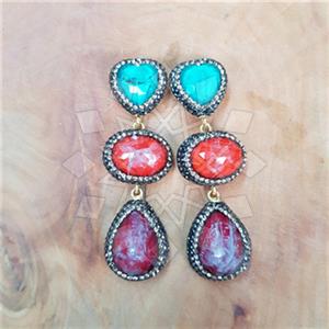 925 Sterling Silver Semi Precious Gems and Crystal  Triple Drop Earrings