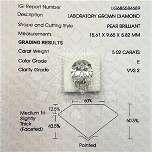 5.00 Carat VS1 E Color IGI Certified Ideal Cut Pear Shape Lab Grown Diamond