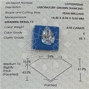 4.00 Carat VS1 E Color IGI Certified Ideal Cut Pear Shape  Lab Grown Diamond