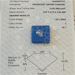 1.00 Carat Lab Grown Diamond Oval VS1 Clarity E Color IGI Certified Ideal Cut