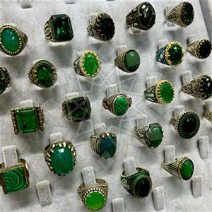 50 Piece Turkish Silver Mens Rings Green Gems Package