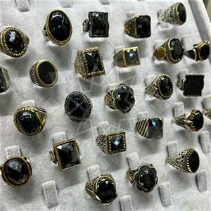 50 Piece Turkish Silver Mens Rings Black Gems Package