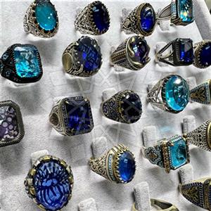 10 Piece Turkish Silver Mens Rings Blue Gems Package