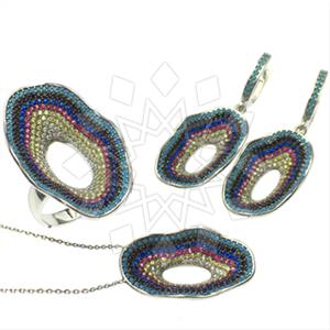 925 Sterling Silver Colorful Rainbow  Ring Earring Necklace Sets