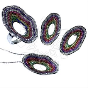 925 Sterling Silver Colorful Rainbow  Ring Earring Necklace Sets