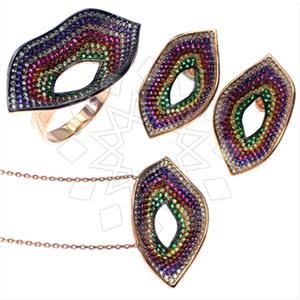 925 Sterling Silver Colorful Rainbow  Ring Earring Necklace Sets