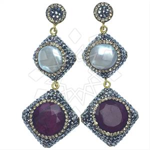 925 Sterling Silver Gem and Crystals Double Drop Earrings