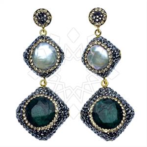 925 Sterling Silver Gem and Crystals Double Drop Earrings