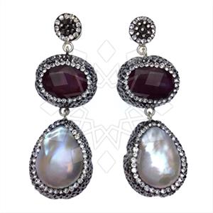 925 Sterling Silver Gem and Crystals Double Drop Earrings