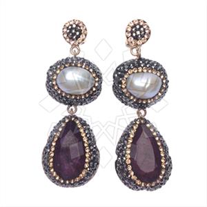 925 Sterling Silver Gem and Crystals Double Drop Earrings