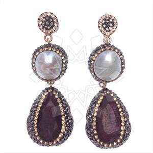 925 Sterling Silver Gem and Crystals Double Drop Earrings