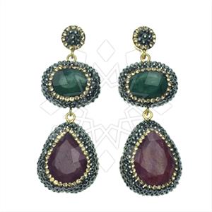 925 Sterling Silver Gem and Crystals Double Drop Earrings