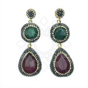 925 Sterling Silver Gem and Crystals Double Drop Earrings