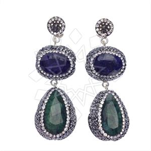 925 Sterling Silver Gem and Crystals Double Drop Earrings