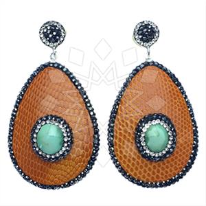 Leather and Fur Gem and Crystals Dangle Earrings