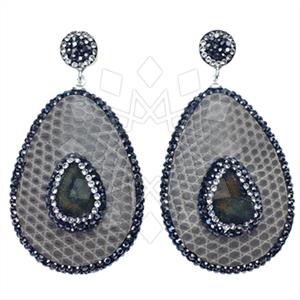 Leather and Fur Gem and Crystals Dangle Earrings