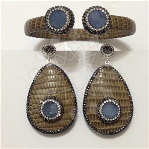 Leather and Fur Gem and Crystals Earrings Bracelet Sets
