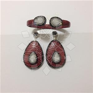 Leather and Fur Gem and Crystals Earrings Bracelet Sets
