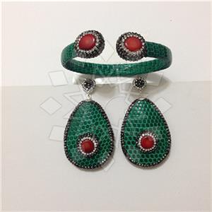 Leather and Fur Gem and Crystals Earrings Bracelet Sets
