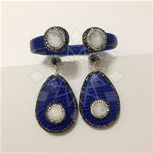 Leather and Fur Gem and Crystals Earrings Bracelet Sets