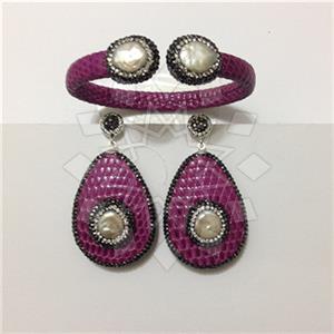Leather and Fur Gem and Crystals Earrings Bracelet Sets