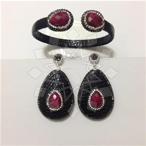 Leather and Fur Gem and Crystals Earrings Bracelet Sets