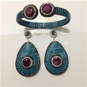 Leather and Fur Gem and Crystals Earrings Bracelet Sets