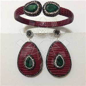 Leather and Fur Gem and Crystals Earrings Bracelet Sets