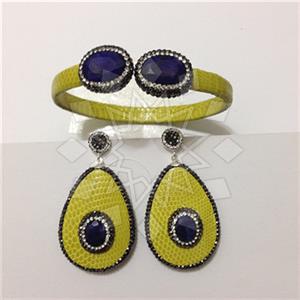 Leather and Fur Gem and Crystals Earrings Bracelet Sets