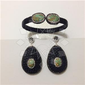 Leather and Fur Gem and Crystals Earrings Bracelet Sets