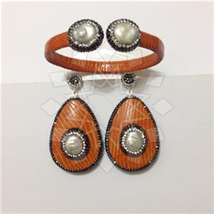 Leather and Fur Gem and Crystals Earrings Bracelet Sets
