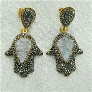 Fashion Hamsa Hand Gem and Crystals Dangle Earrings