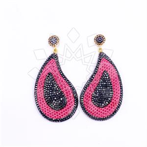 Leather and Fur Gem and Crystals Dangle Earrings