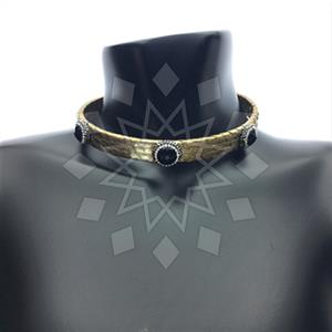 Leather and Gem Crystals Choker Necklace