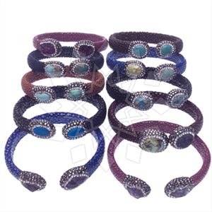 Leather and Fur Gem and Crystals Cuff Bracelets